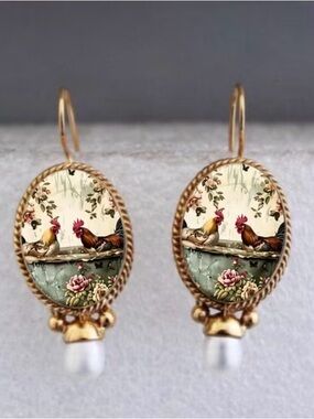 Gold-Tone Rooster Floral Drop Earrings with Pearl Accent Vintage style Farm
